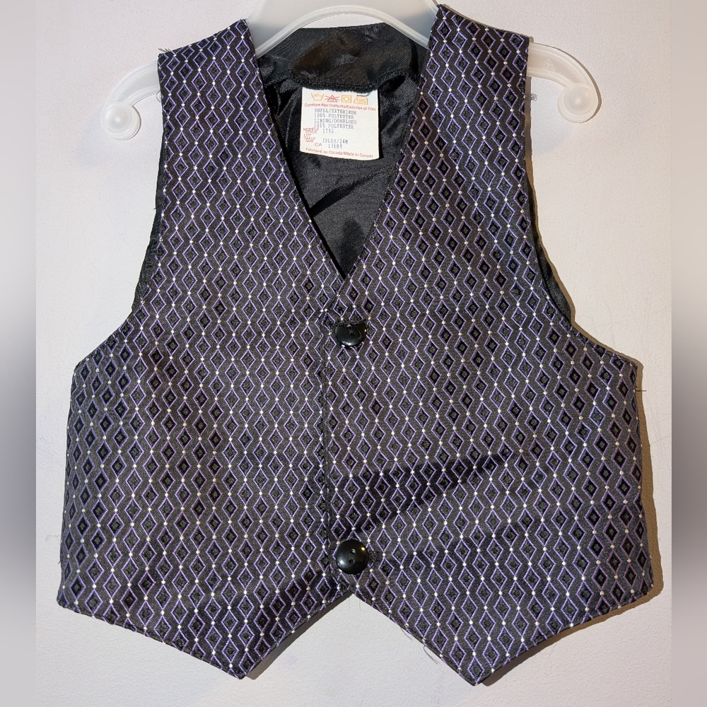 💜 Vintage Toddlers Black Purple Diamond Patterned Vest 24 Months Made In Canada